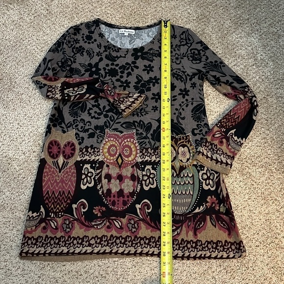 La Madona Tunic Soft Long Sleeve Owl Animal Print Scoop-neck Pullover Top size M - Picture 5 of 9